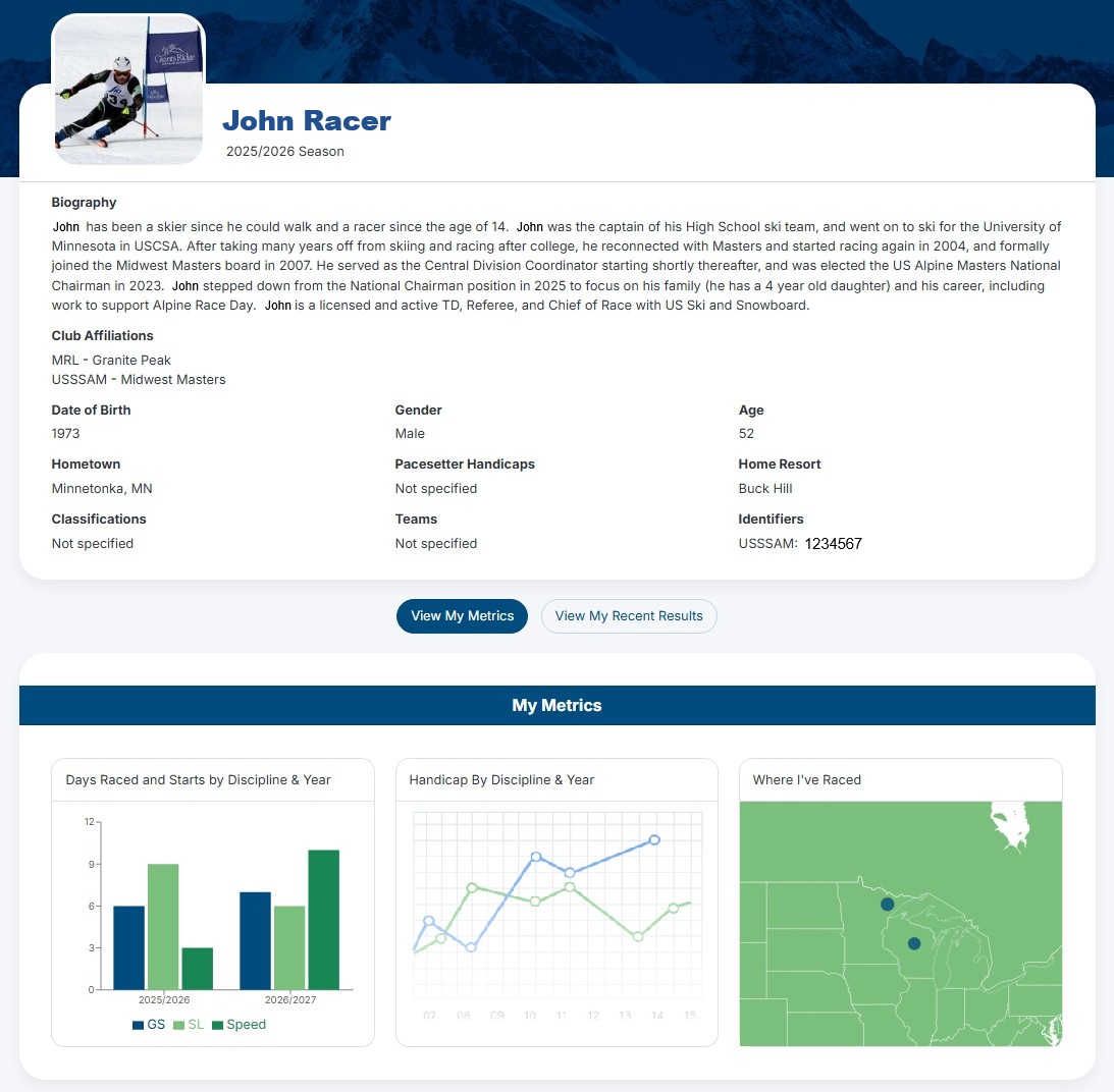 Alpine Race Day athlete profile with performance metrics